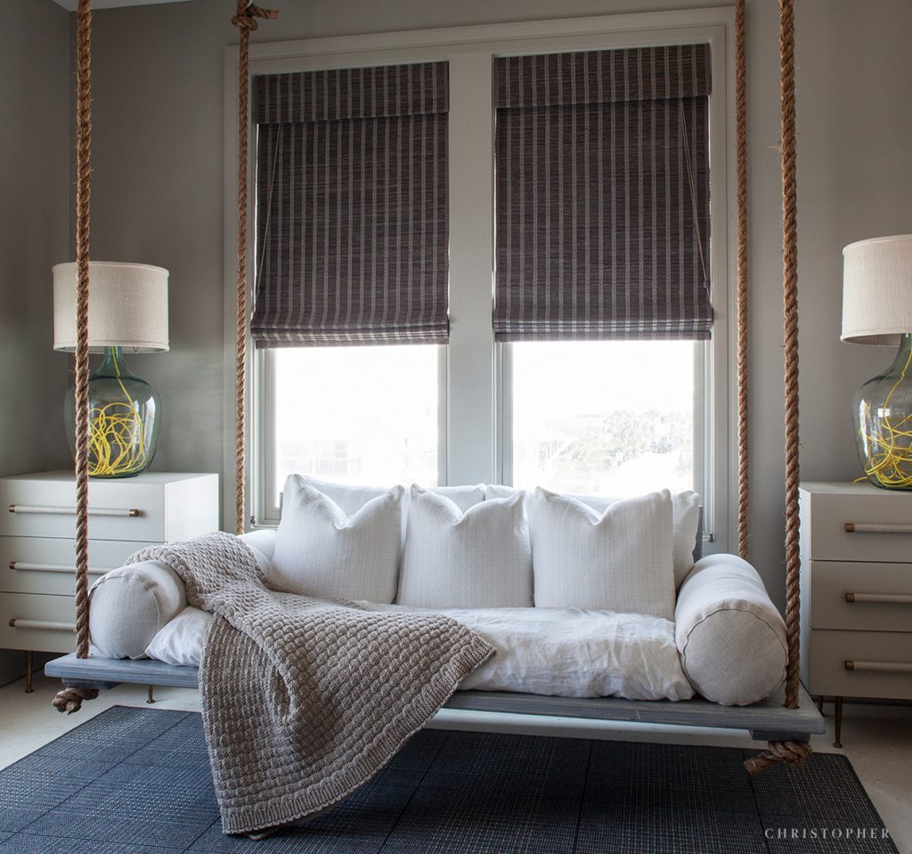 Coastal Luxury Custom Bedswing with Side Tables and Lamps