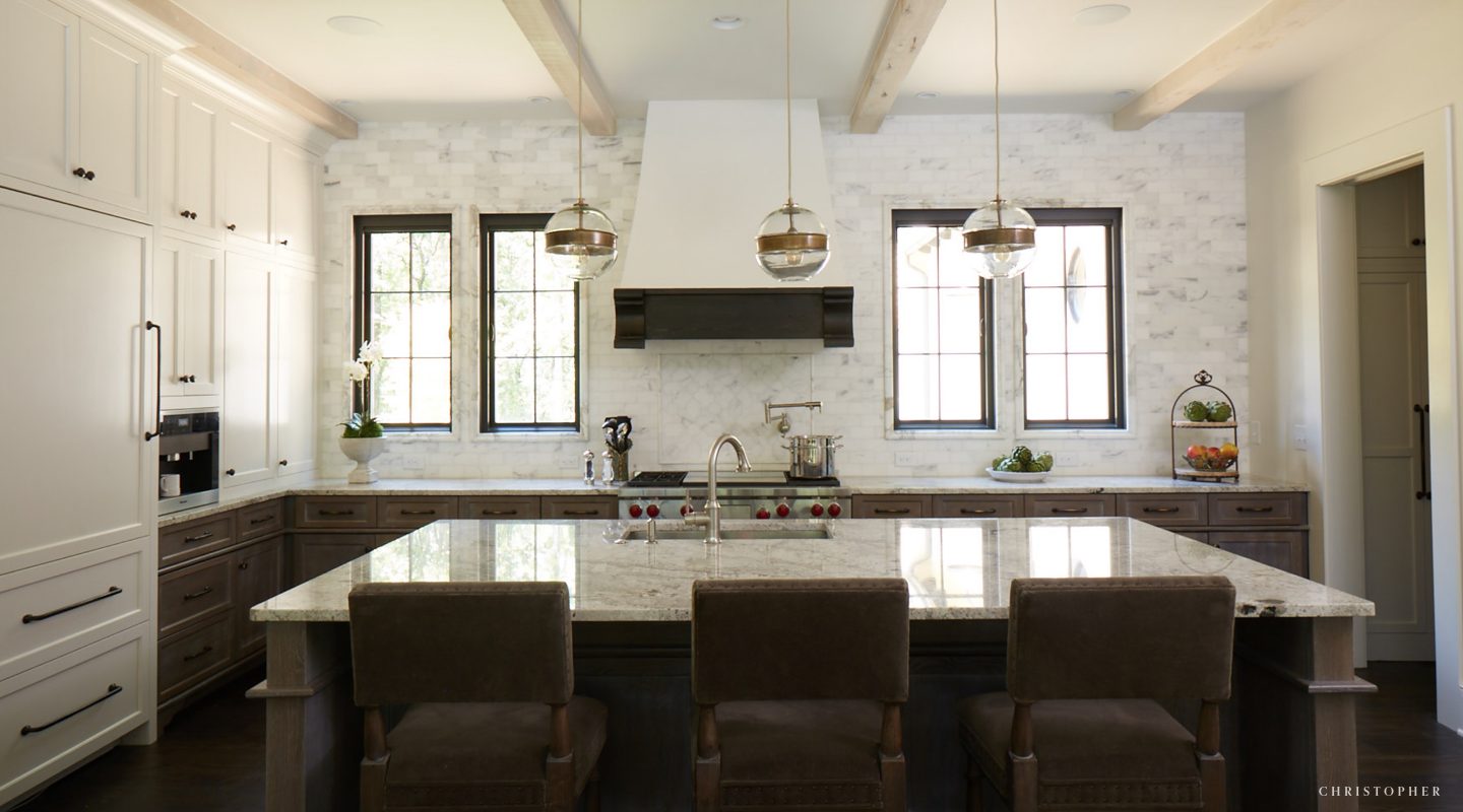 French Normandy Kitchen with Fantasy Brown Granite Countertops and Subway Marble Wall Tiles and Built-In Coffee Maker