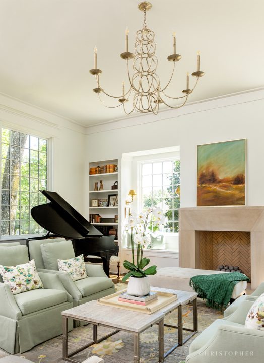 Christopher Architecture and Interiors Showhouse Formal Living Room with Fire Place and Grand Piano