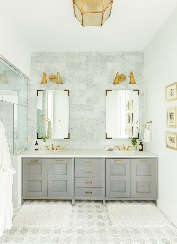 Christopher Architecture and Interiors Showhouse Master Bathroom with Double Vanity and Brass Fixtures