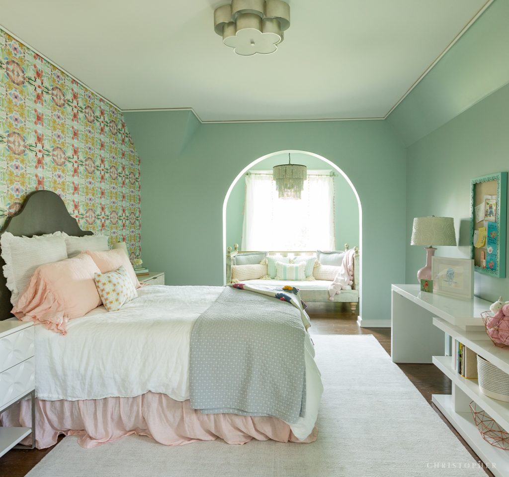Christopher Architecture and Interiors Teenage Girls Room with Patterned Wallpaper and Bedswing Nook